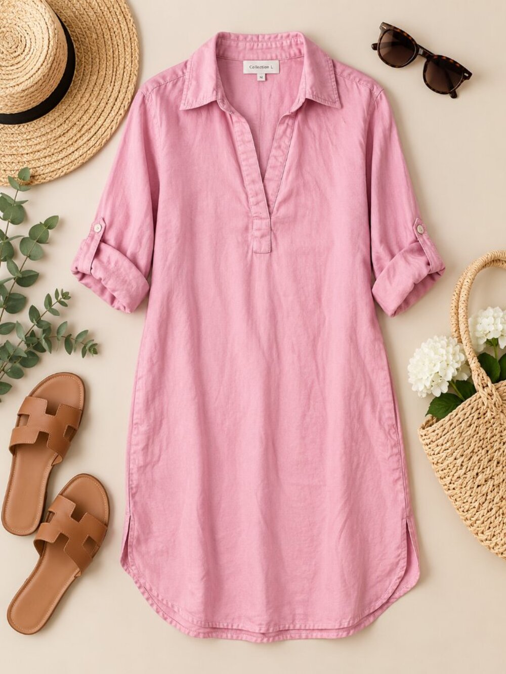 Collection L Pink Linen Popover Shirt Dress Roll Tab Sleeve Coastal L
